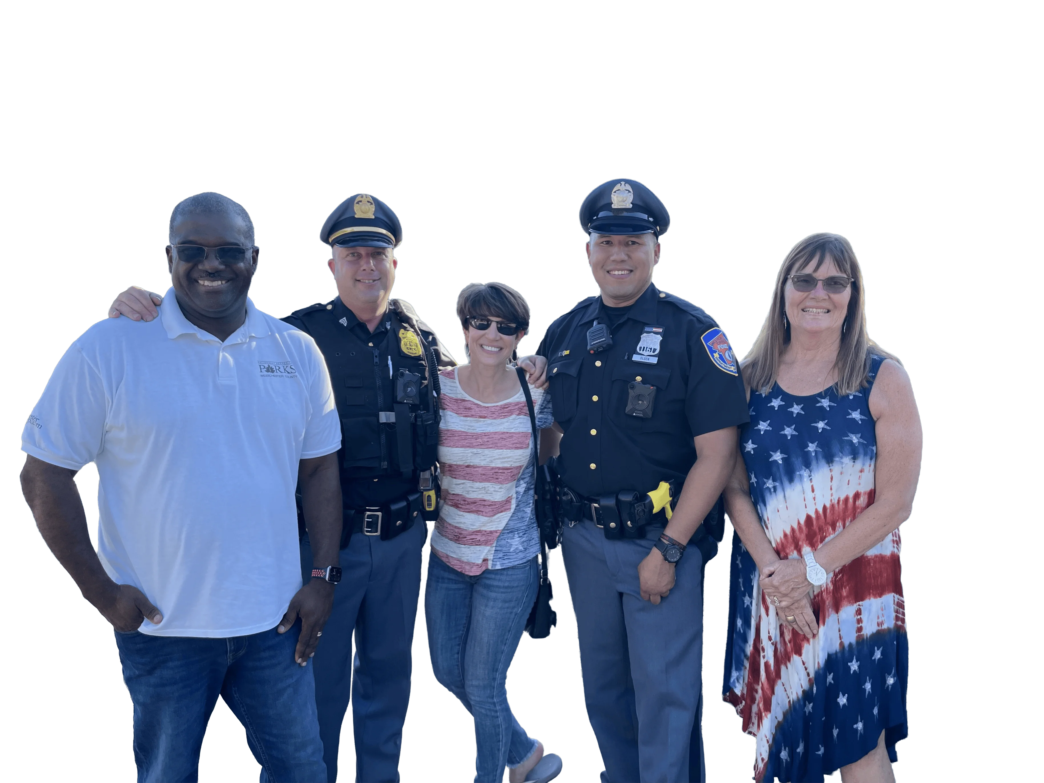 County Executive Ken Jenkins, Sgt. Dress (WCPD), Margaret Cunzio, Officer Olsen (WCPD), Commissioner Kathy O'Connor (Westchester County Parks) — 4th of July at Kensico Dam