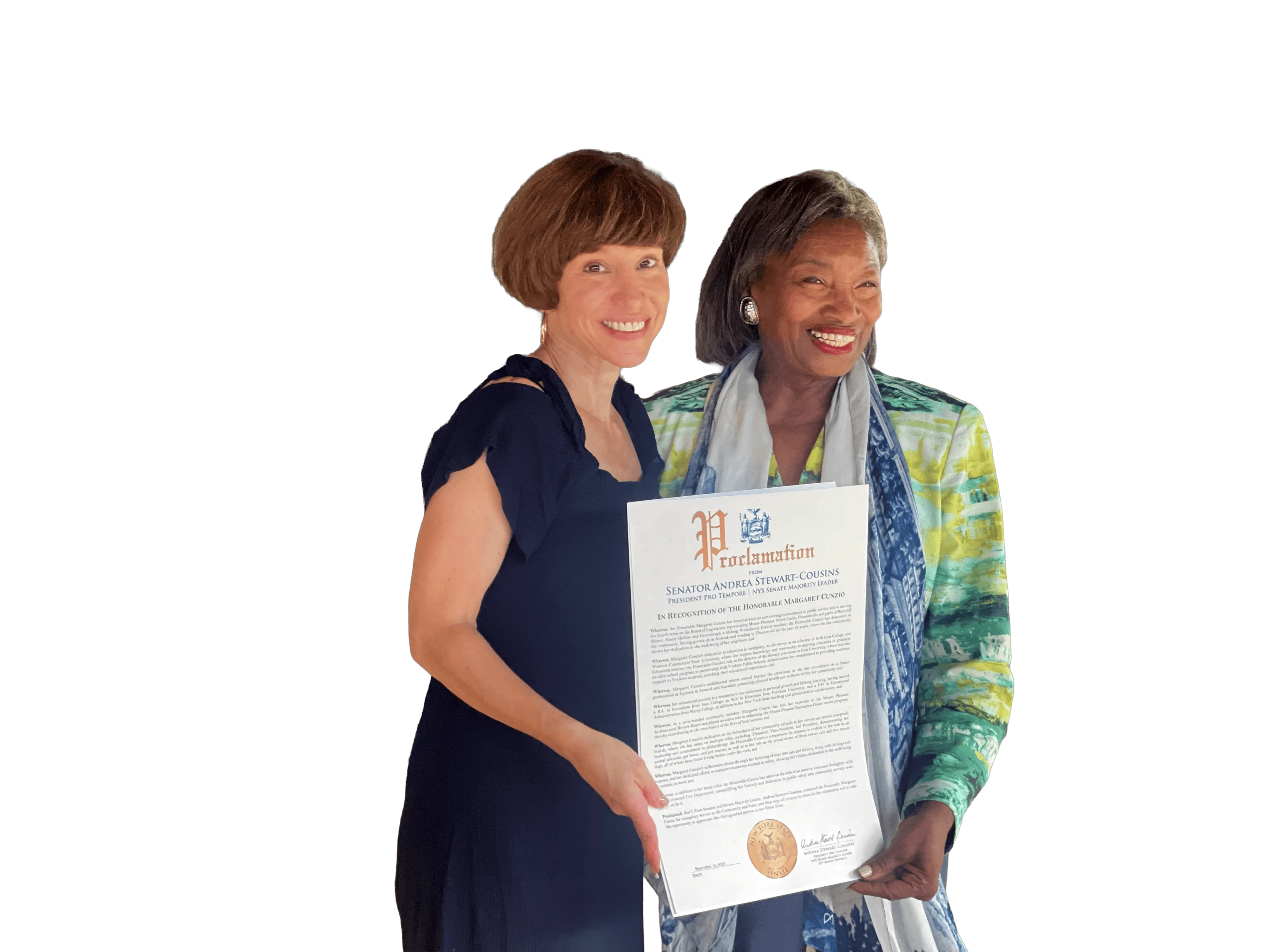 Margaret Cunzio accepting a proclamation from Senate Majority Leader Andrea Stewart-Cousins
